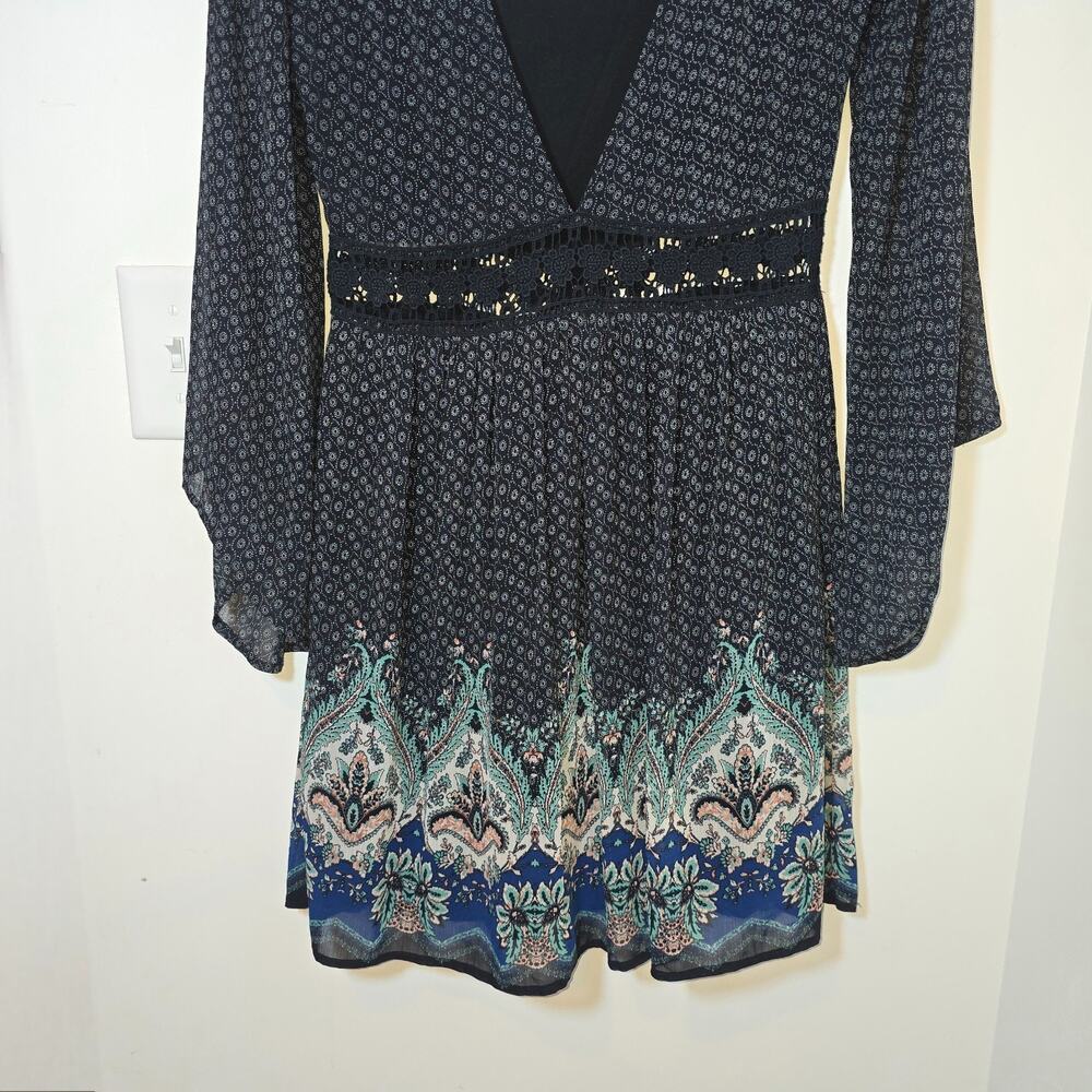 Hollister Y2K Womens Skater Boho Mini Dress Sz S Floral Paisley Flare Sleeve - Picture 8 of 10